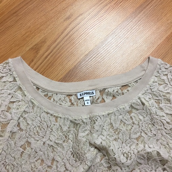 Express Sheer Floral Lace Taupe Elbow Sleeve Top Size M - Picture 6 of 8